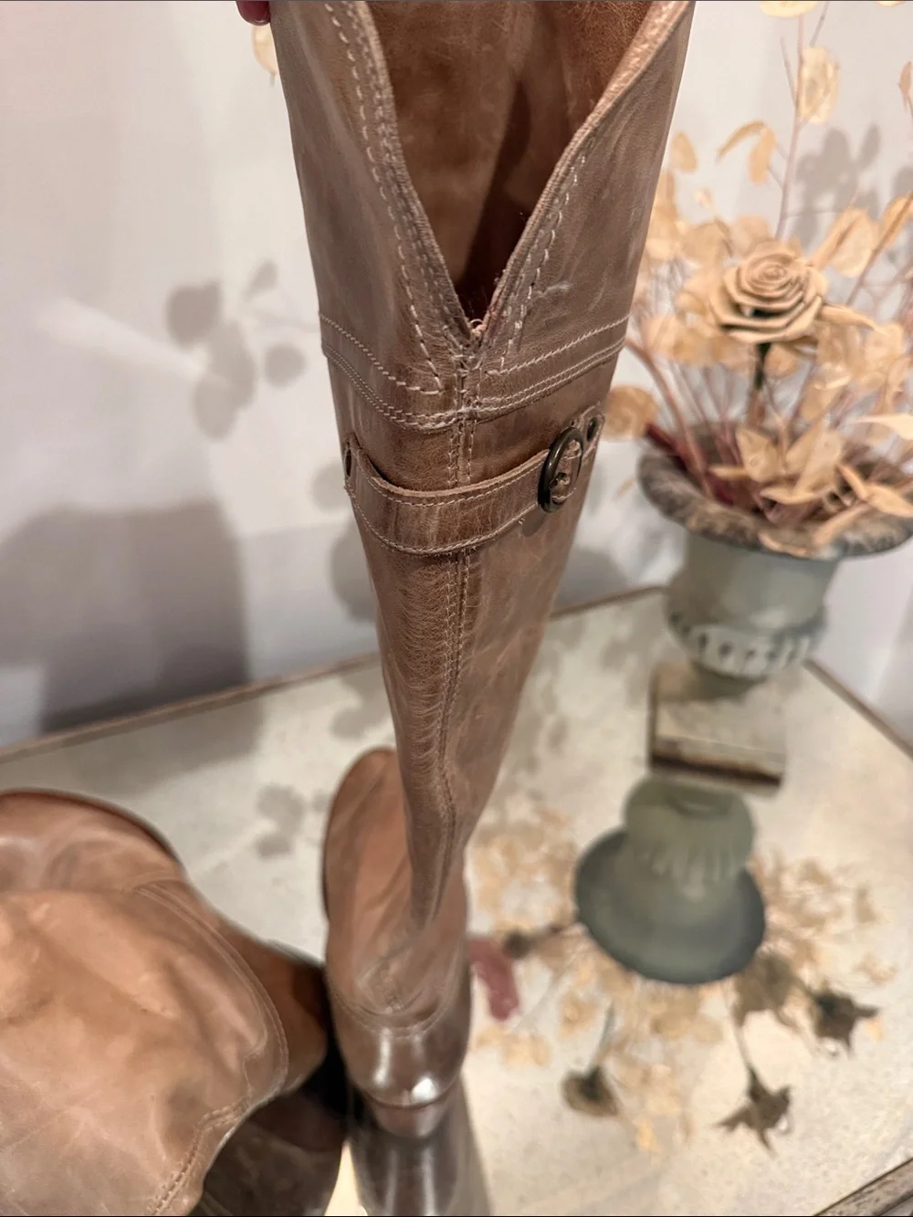 Frye Taupe Leather Over-the-Knee Boots with Buckle